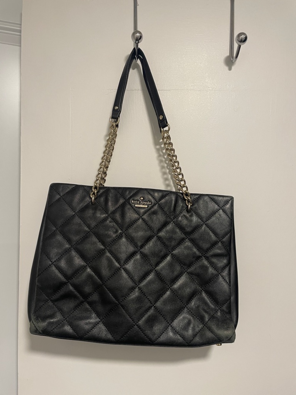 kate spade Black Quilted Leather Tote with Gold Chain Straps